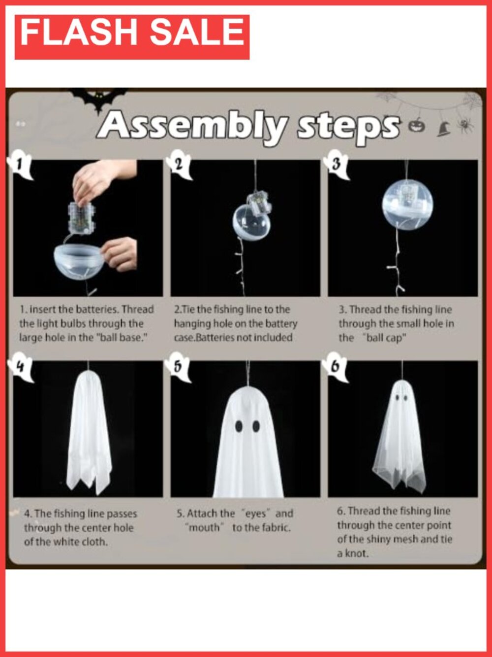 3pc Hanging Ghost Decor Set with Remote Timer String Lights - Picture 5 of 6